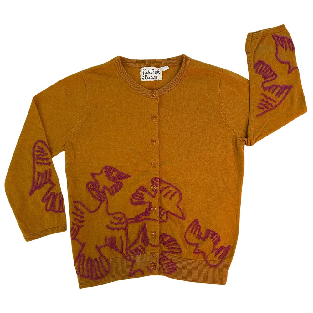 Anthropologie 3/4-Sleeve Wool-Blend Cardigan with Embroidered Dove Design